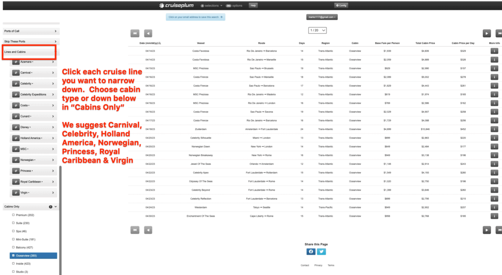 Searching repositioning cruises on CruisePlum