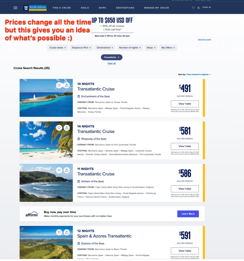 repositioning cruises search results listings