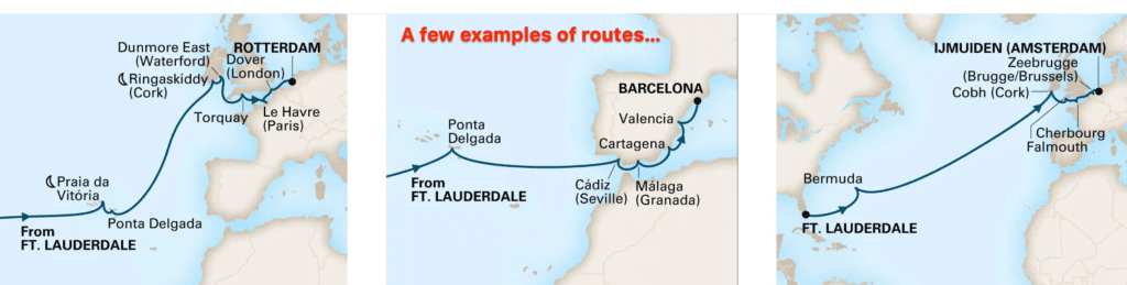 comparison of itinerary maps of three repositioning cruises 