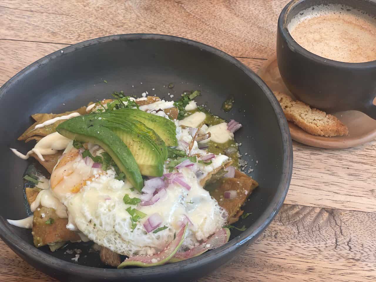 chilaquiles and cappuccino at Rústica San Miguel