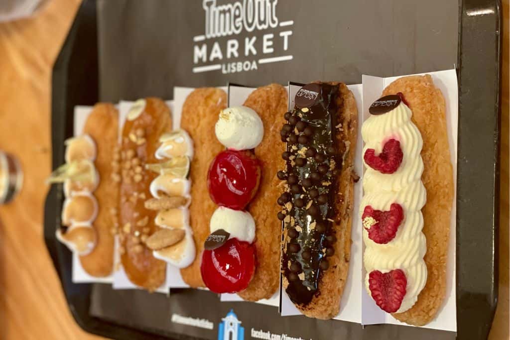 Selection of eclairs from l'Éclair at TimeOut Market in Lisbon