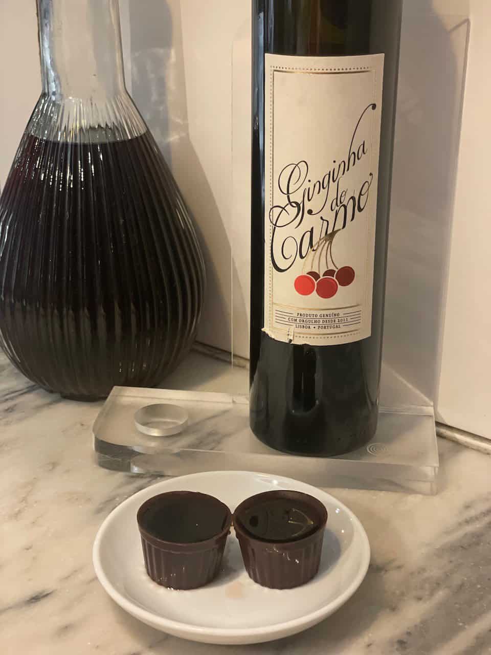 Ginginha and two chocolate cups at Ginginha do Carmo in Lisbon.