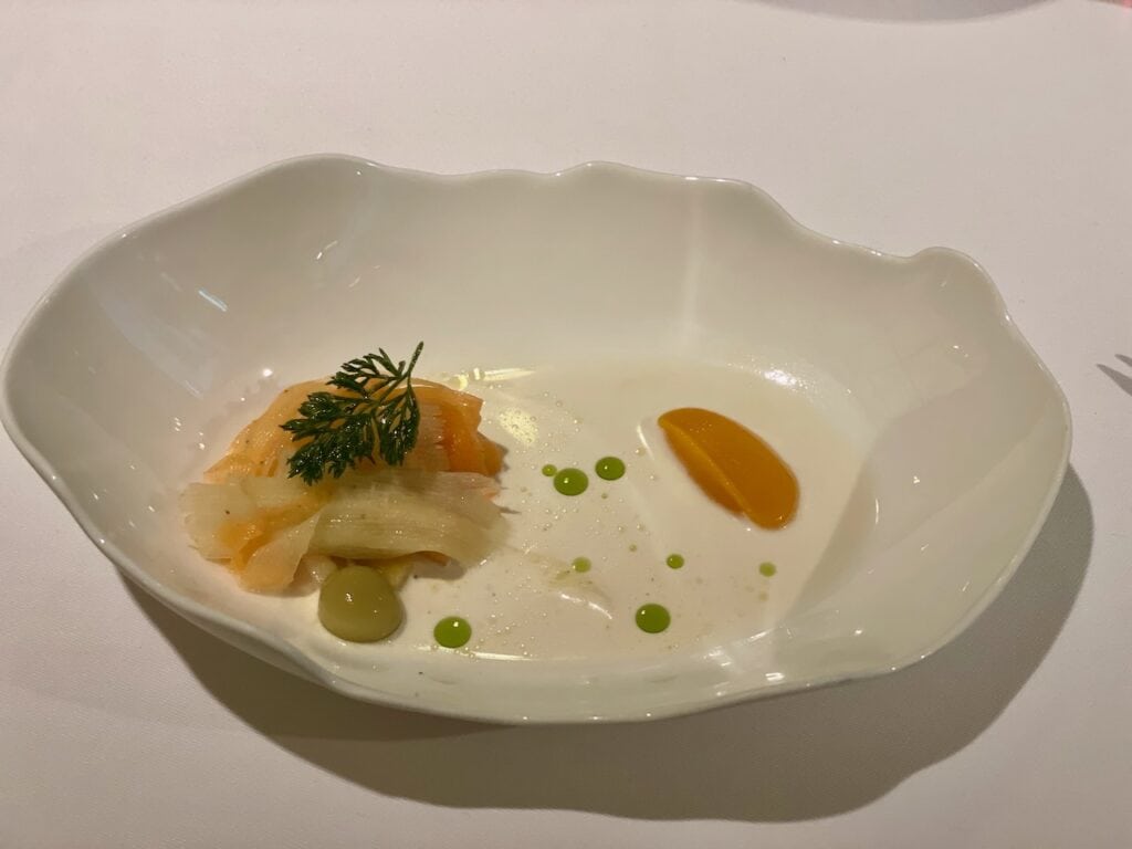Carrot with pine nut milk and olive at Belcanto in Lisbon