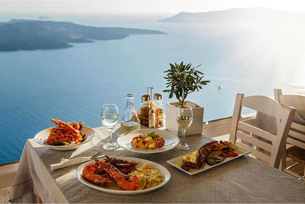 Mediterranean meal overlooking the beautiful azure sea 