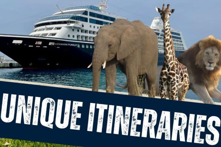 A cruise ship is flanked by African animals like an elephant, a lion and a giraffe to underscore unique cruise itineraries.