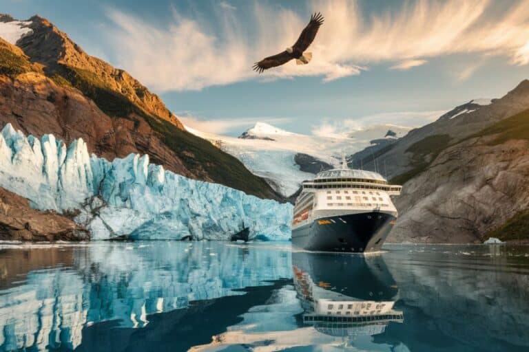 a cruise ship plies the glassy waters of Alaska with towering mountains in the background and a bald eagle overhead.