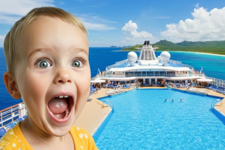 A young child screams by the pool on a cruise ship