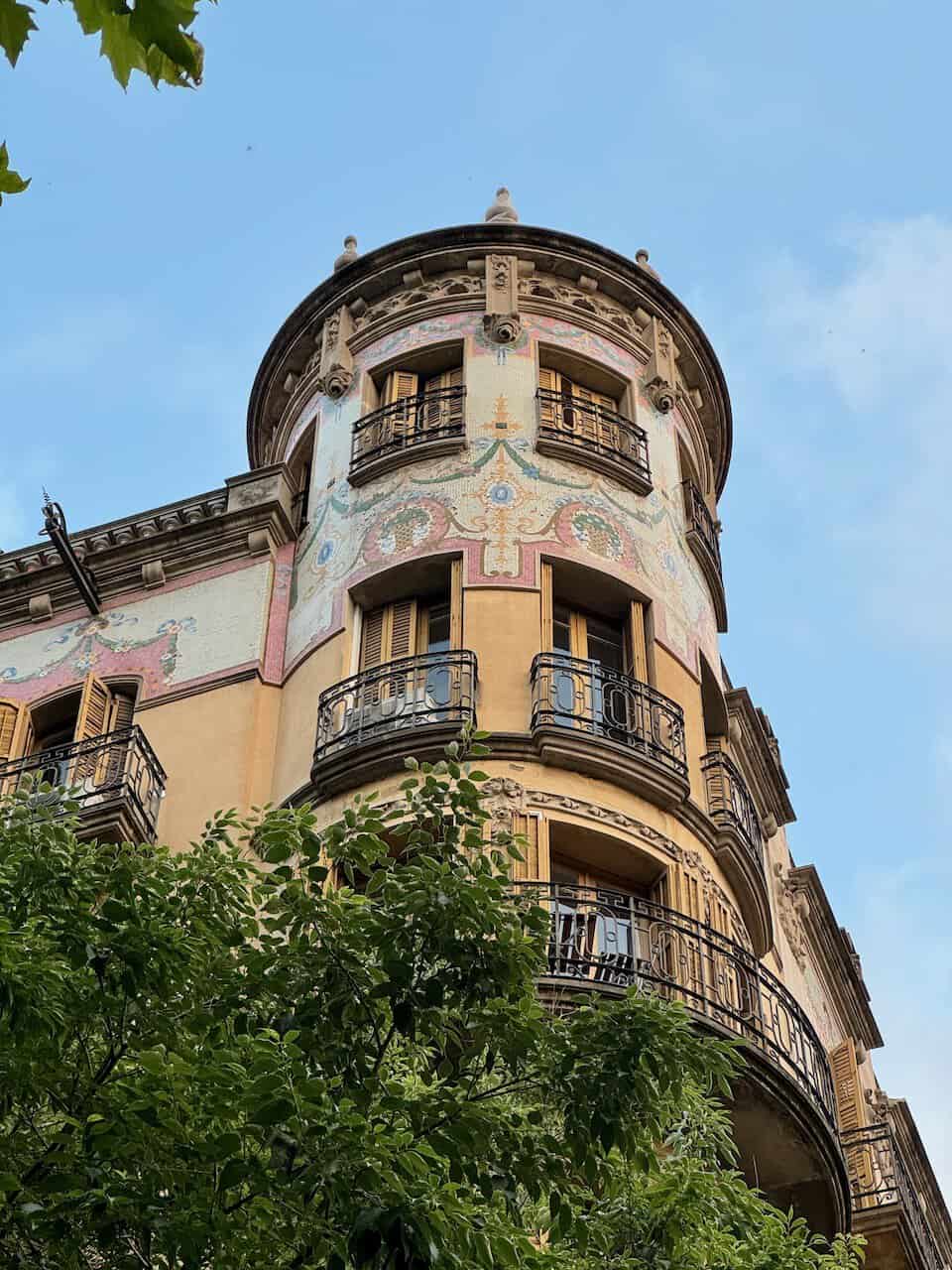 Round corner tower of Casa Cuyàs Ferrer (Casa Maldonado) in Barcelona's Eixample neighborhood