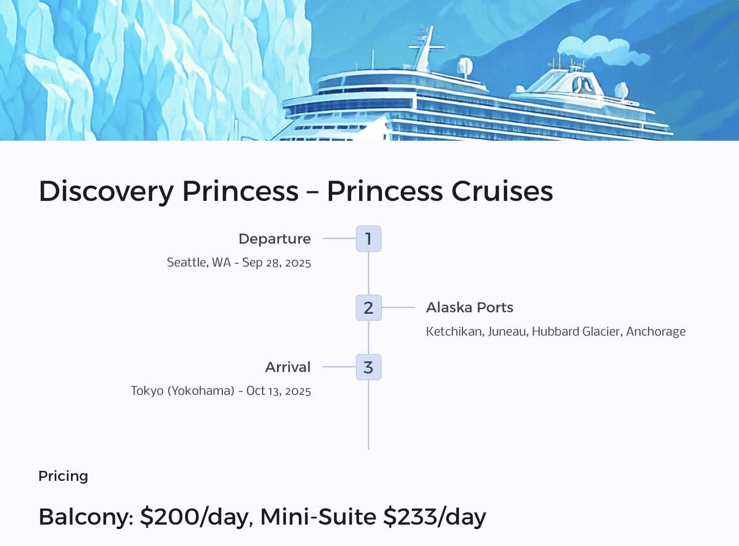 Discovery Princess cruise ship sailing near Alaskan glaciers