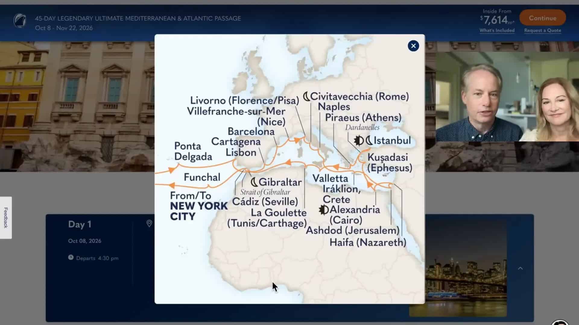 Holland America itinerary showing Mediterranean and Middle East route