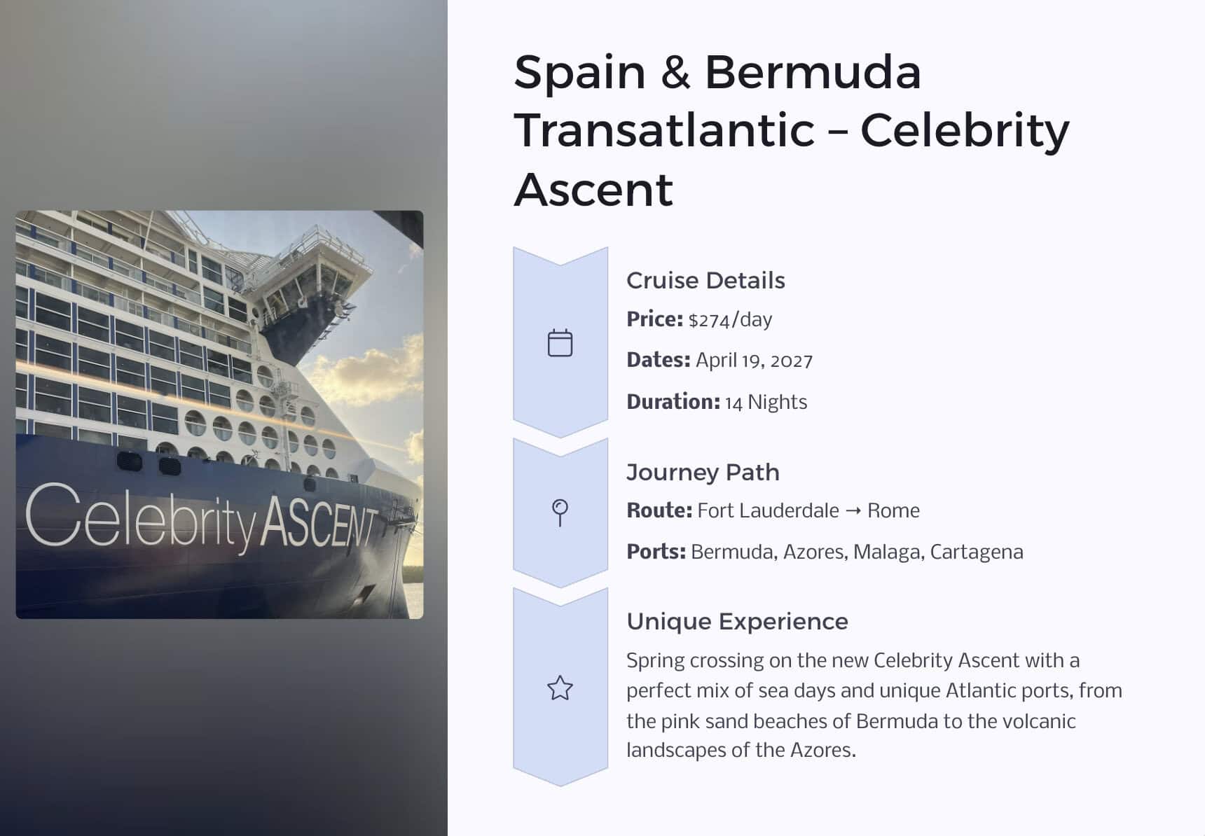 Spain & Bermuda Transatlantic – Celebrity Ascent April 2027 cruise