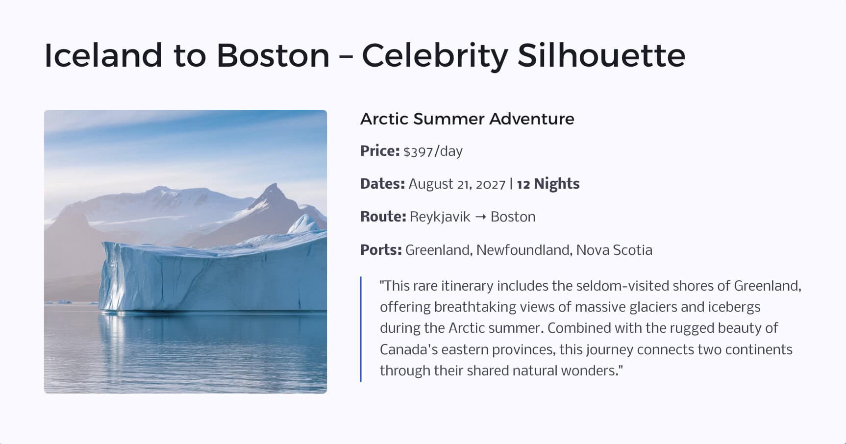 Iceland to Boston – Celebrity Silhouette Aug 2027 cruise