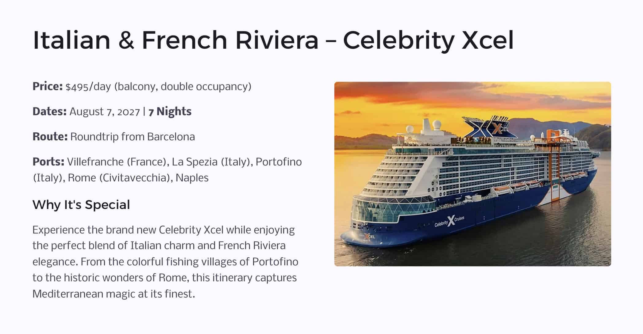 Italian & French Riviera – Celebrity Xcel August 2027 cruise
