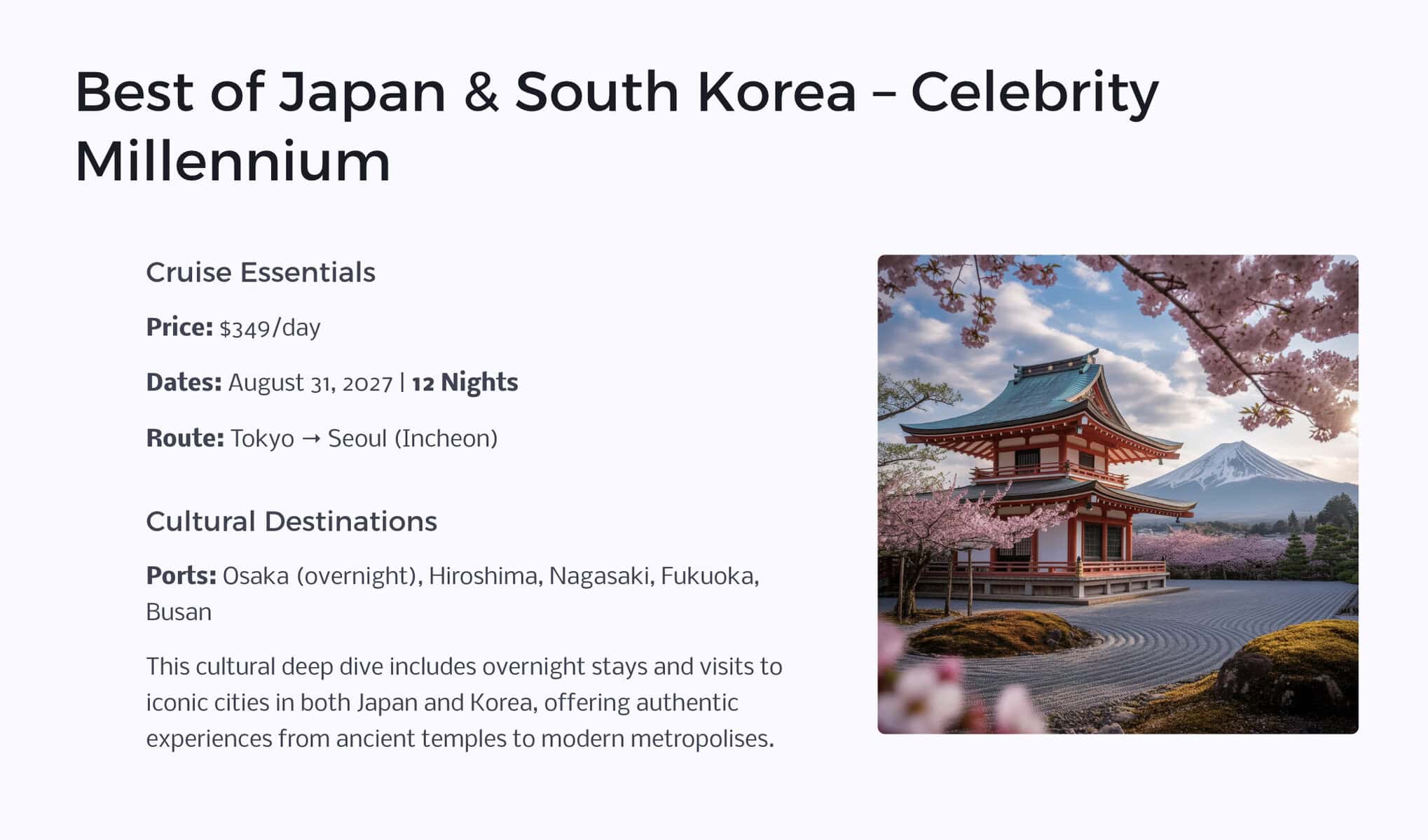 Best of Japan & South Korea – Celebrity Millennium Aug 2027 cruise