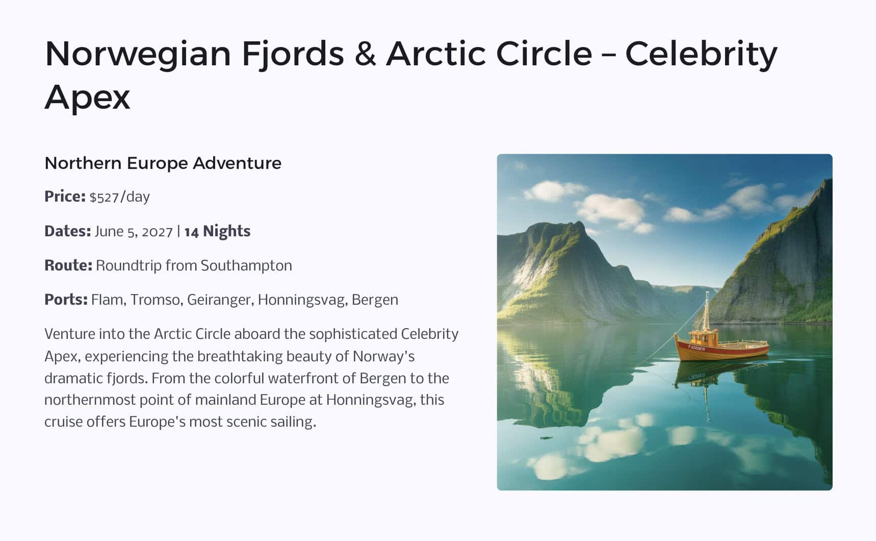 Norwegian Fjords & Arctic Circle – Celebrity Apex - June 2027 cruise