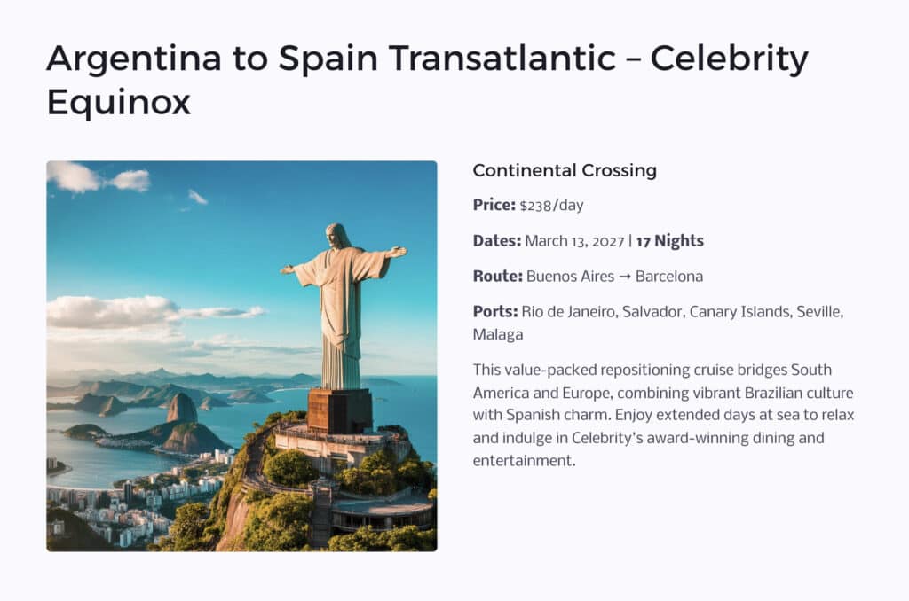 Argentina to Spain Transatlantic – Celebrity Equinox March 2027 cruise