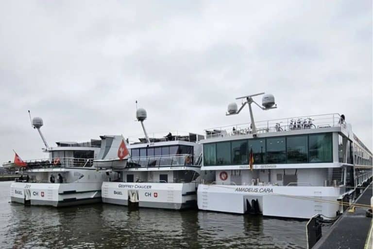 3 river cruise boats are docked side by side