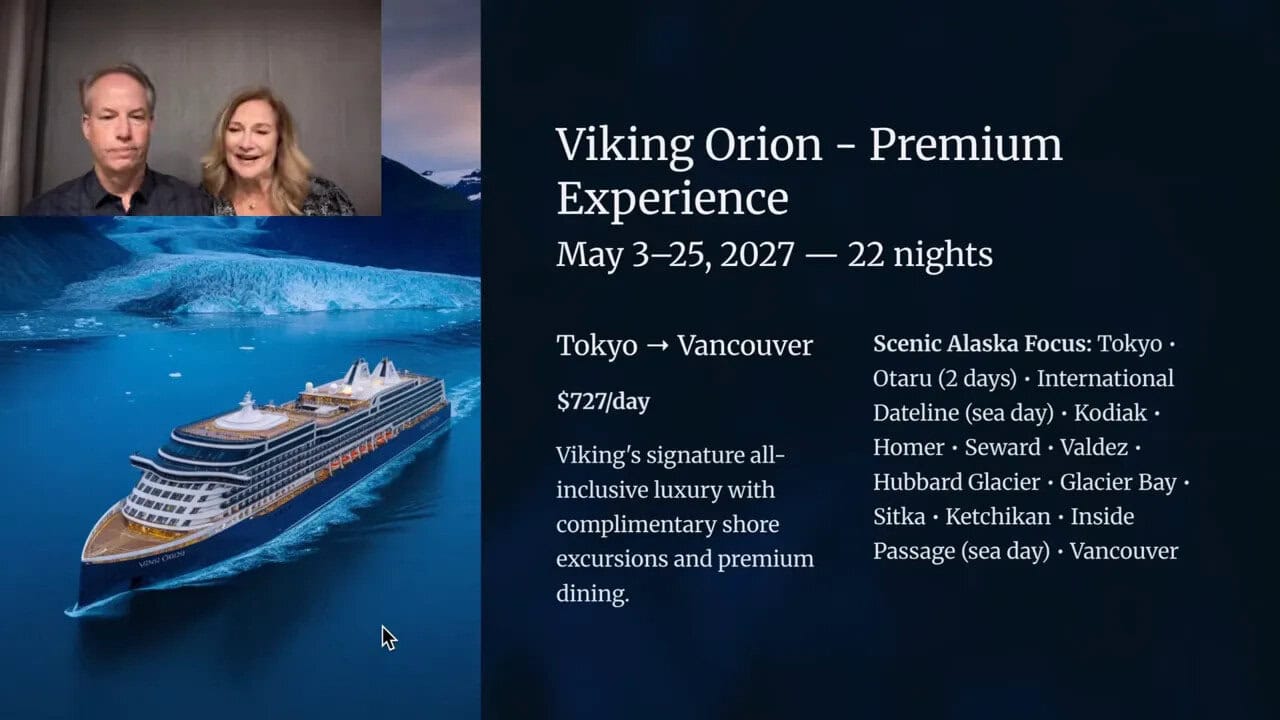 Viking Orion at sea with itinerary overlay