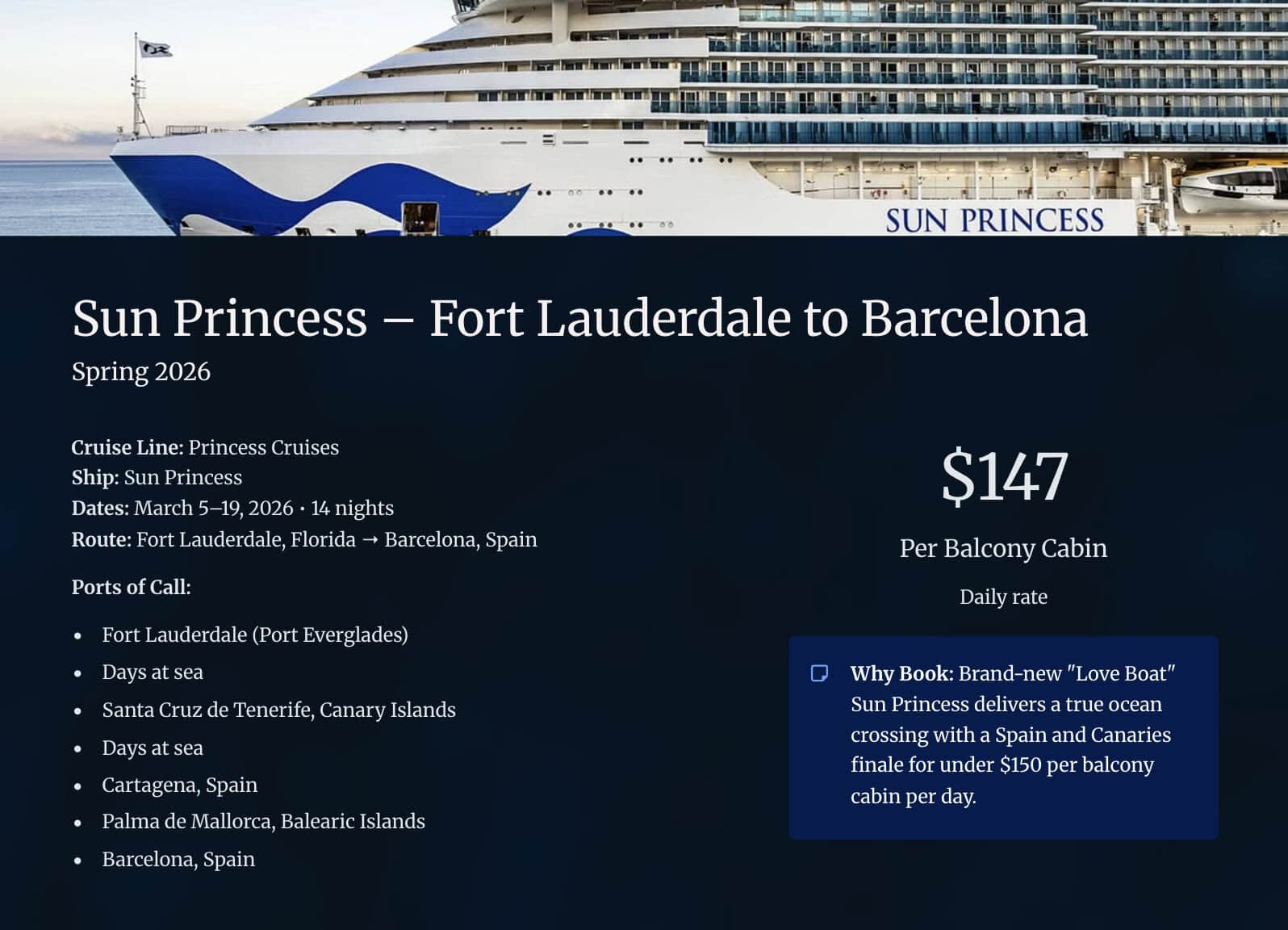 Sun Princess - Fort Lauderdale to Barcelona transatlantic cruise deal for March 2026