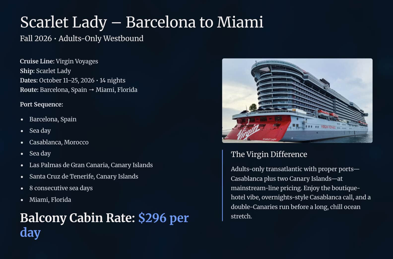 Virgin Voyages Scarlet Lady - Barcelona to Miami transatlantic cruise in Fall 2026