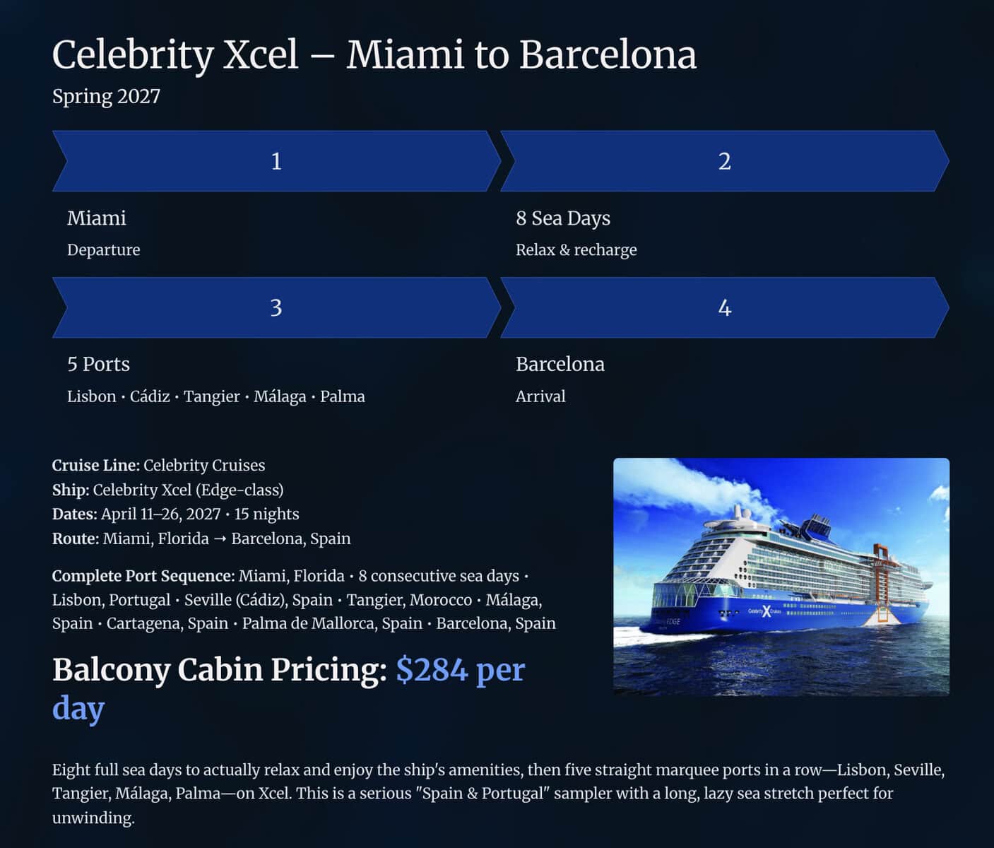 Celebrity Xcel Miami to Barcelona transatlantic cruise in Spring 2027