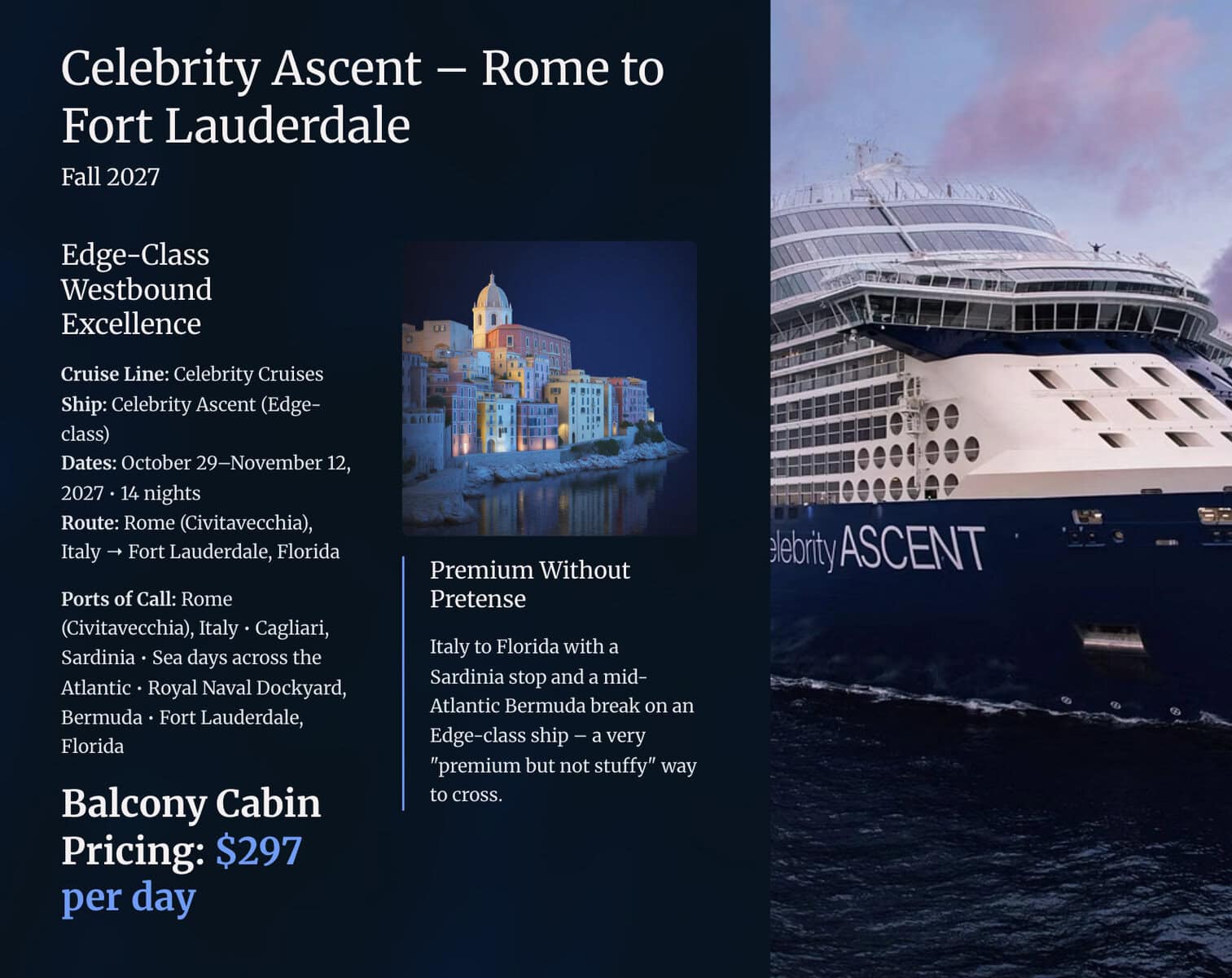 Celebrity Ascent - Rome to Fort Lauderdale transatlantic cruise in Fall 2027
