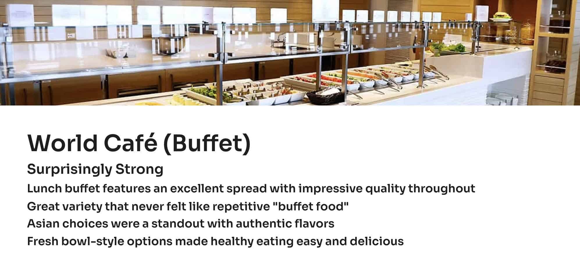 World Café (buffet) slide showing a salad/buffet station across the top and text describing the buffet; small presenter inset at top right.