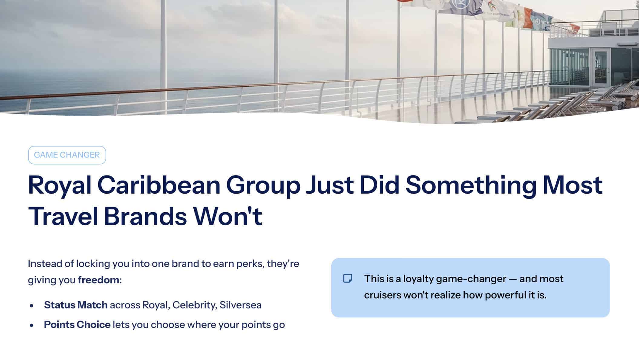 High-clarity hero screenshot showing the headline 'Royal Caribbean Group Just Did Something Most Travel Brands Won't', an ocean-deck background, 'Game Changer' badge and a small presenter box in the top right.