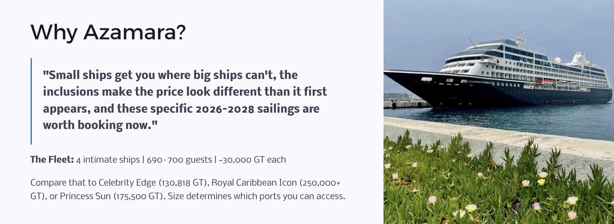 Azamara pricing value overview slide with ship and inclusion highlights