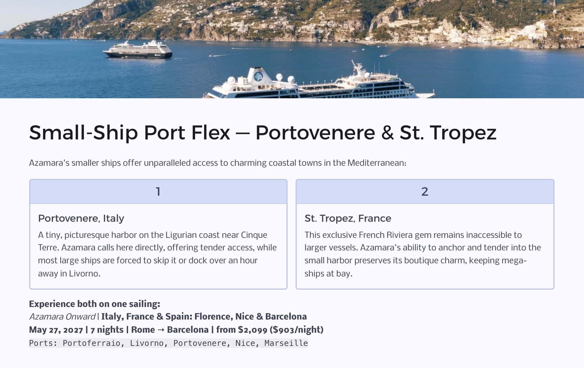 Screenshot from Azamara deal video showing Port Flex itinerary for Portovenere, Italy and St. Tropez, France