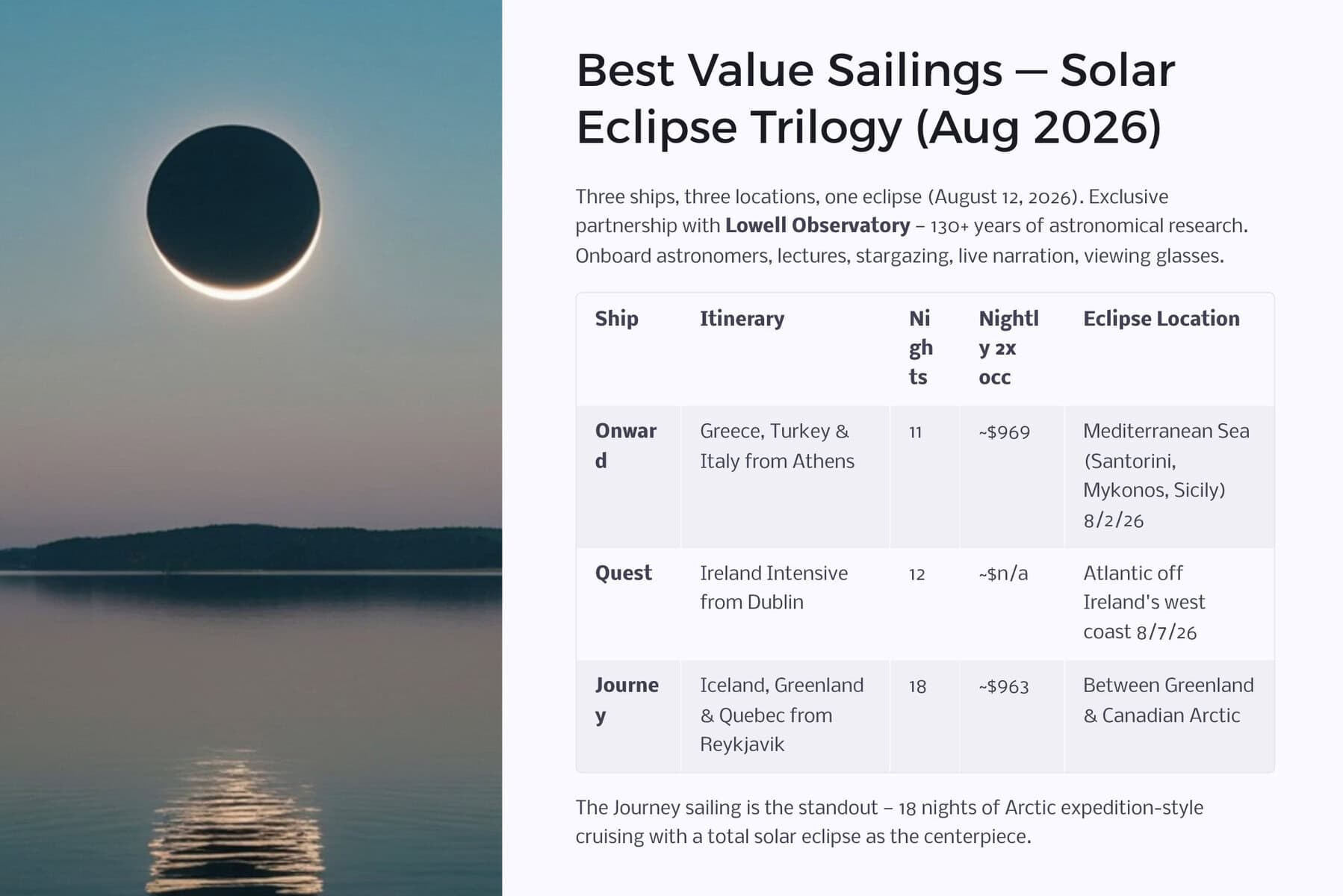 In August 2026, Azamara is offering a themed set of itineraries called the Solar Eclipse trilogy. The ships and itinerary names mentioned were: Onward, Quest and Journey.
