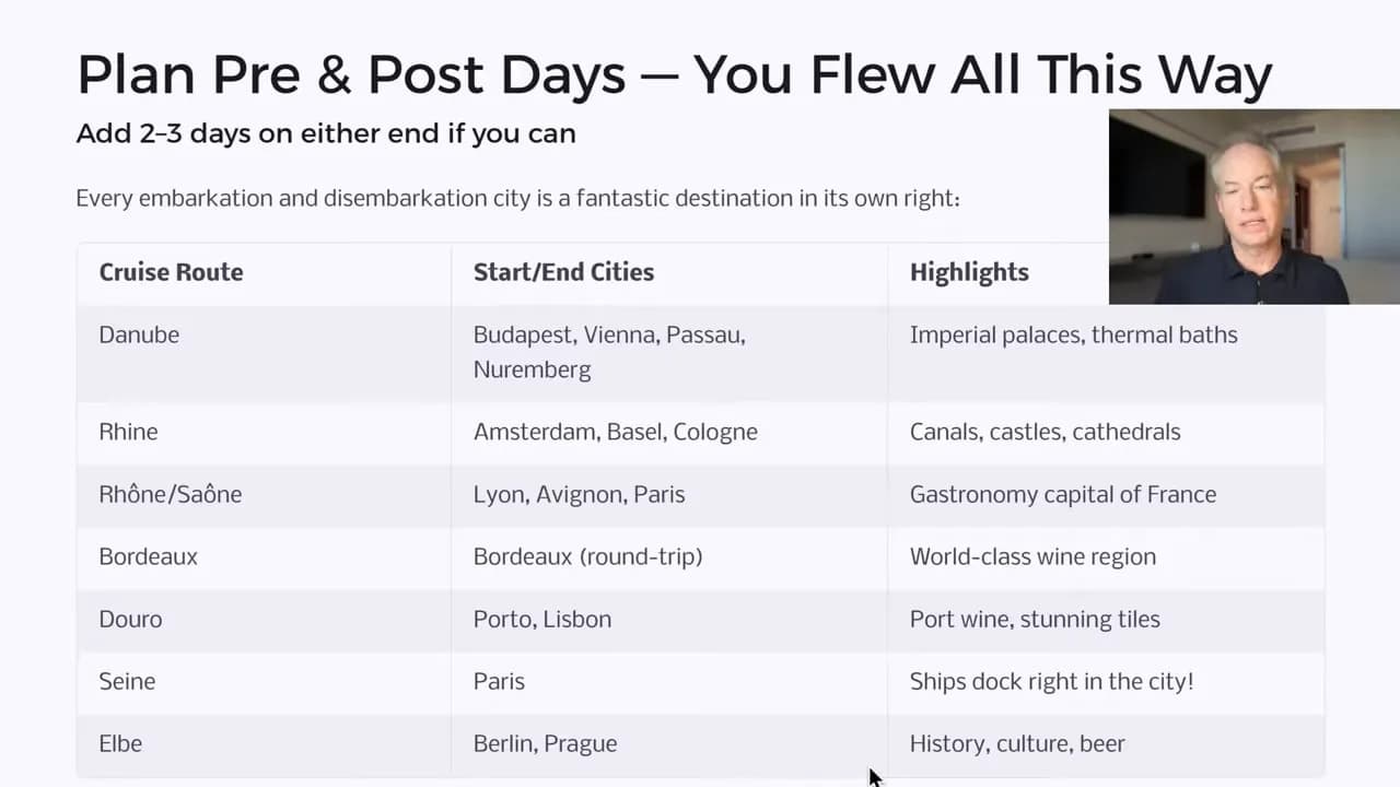 Presentation slide advising how to add pre and post days for river cruises with start/end city suggestions
