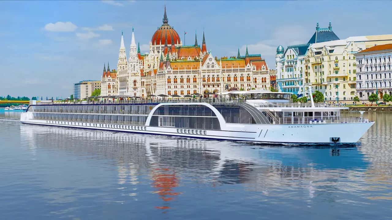AmaMagna river cruise ship on the water with Budapest skyline