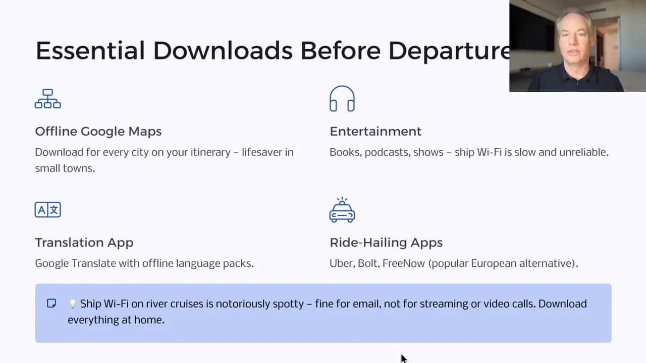 Screenshot showing essential cruise downloads before departure: offline Google Maps, translation app, entertainment, and ride-hailing apps