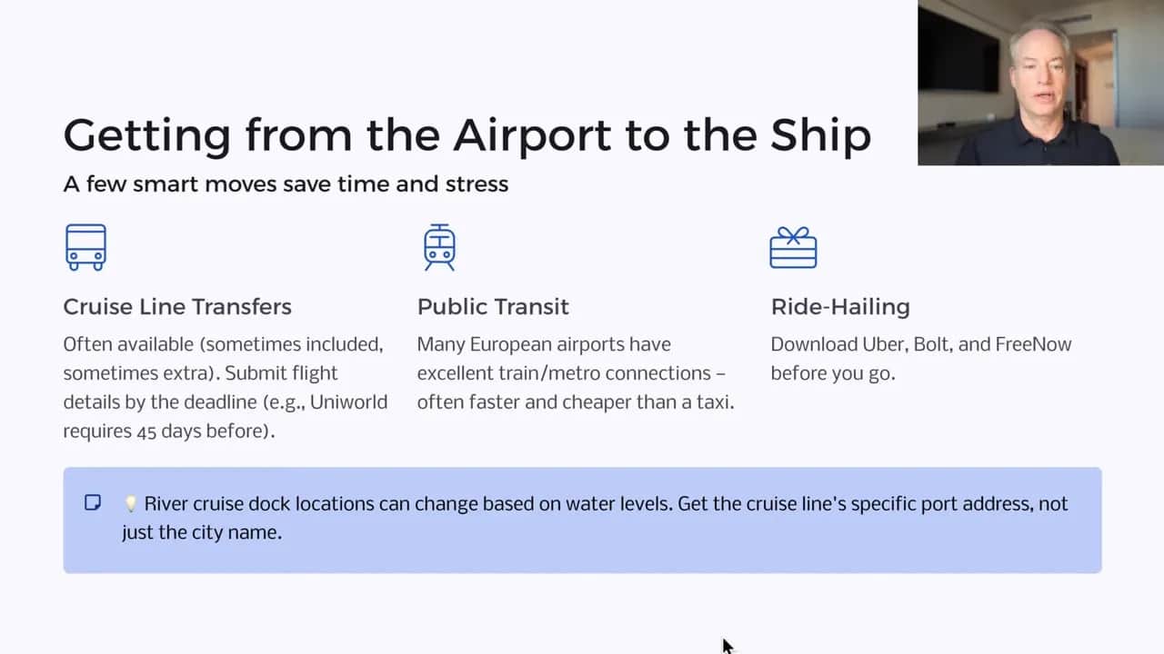 Slide explaining ways to get from the airport to the cruise ship: cruise line transfers, public transit, and ride-hailing.