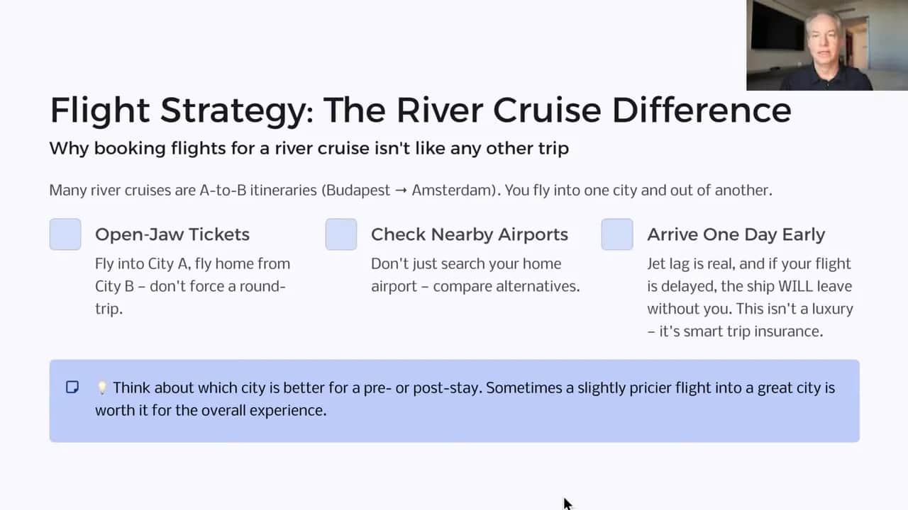 Checklist graphic showing river cruise flight strategy: open-jaw tickets, checking nearby airports, and arriving one day early