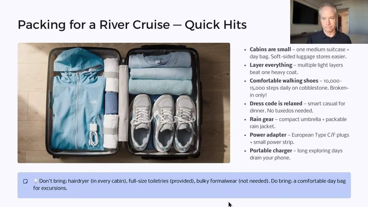 Packing checklist slide for a river cruise showing a suitcase layout with jacket, layers, shoes, rain gear, power adapter, and portable charger