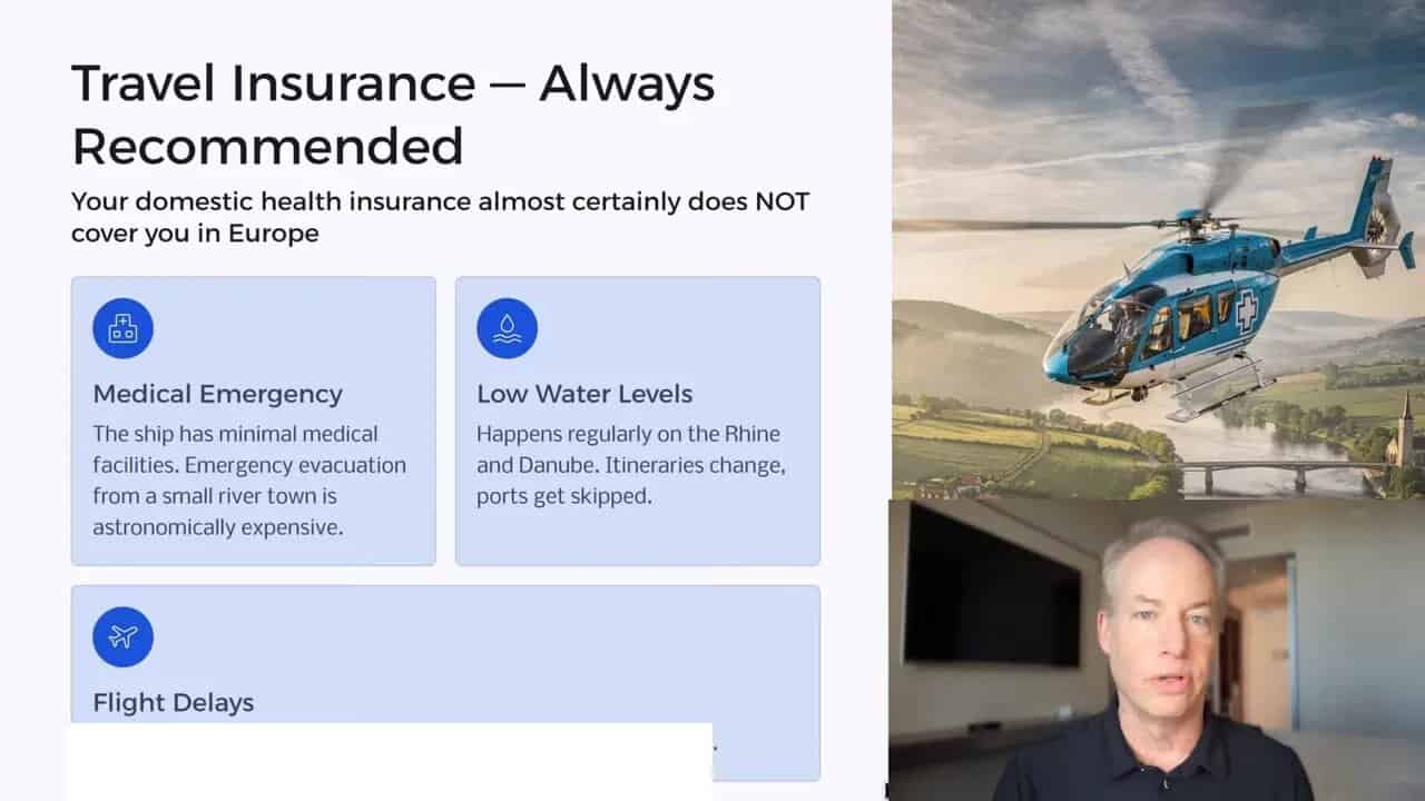 Slide titled 'Travel Insurance – Always Recommended' showing coverage examples like medical emergencies and flight delays