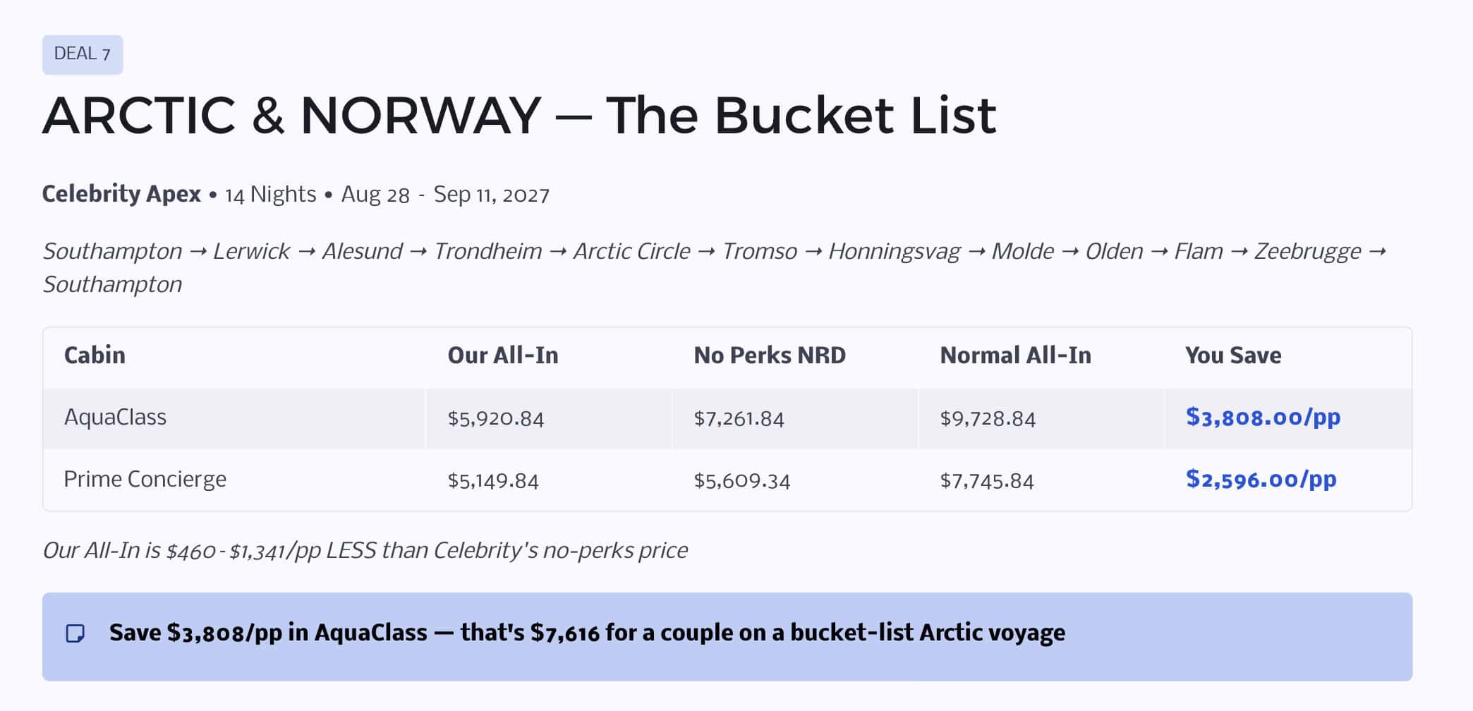 Screenshot of Celebrity Apex Arctic & Norway bucket list cruise deal showing all-in vs no-perks pricing savings