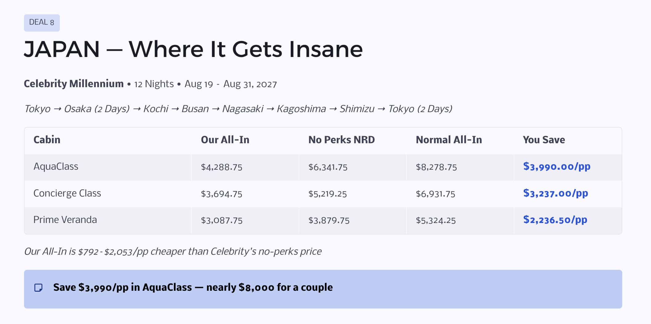Screenshot of Celebrity Millennium Japan deal showing AquaClass all-in price and savings compared with no-perks non-refundable pricing