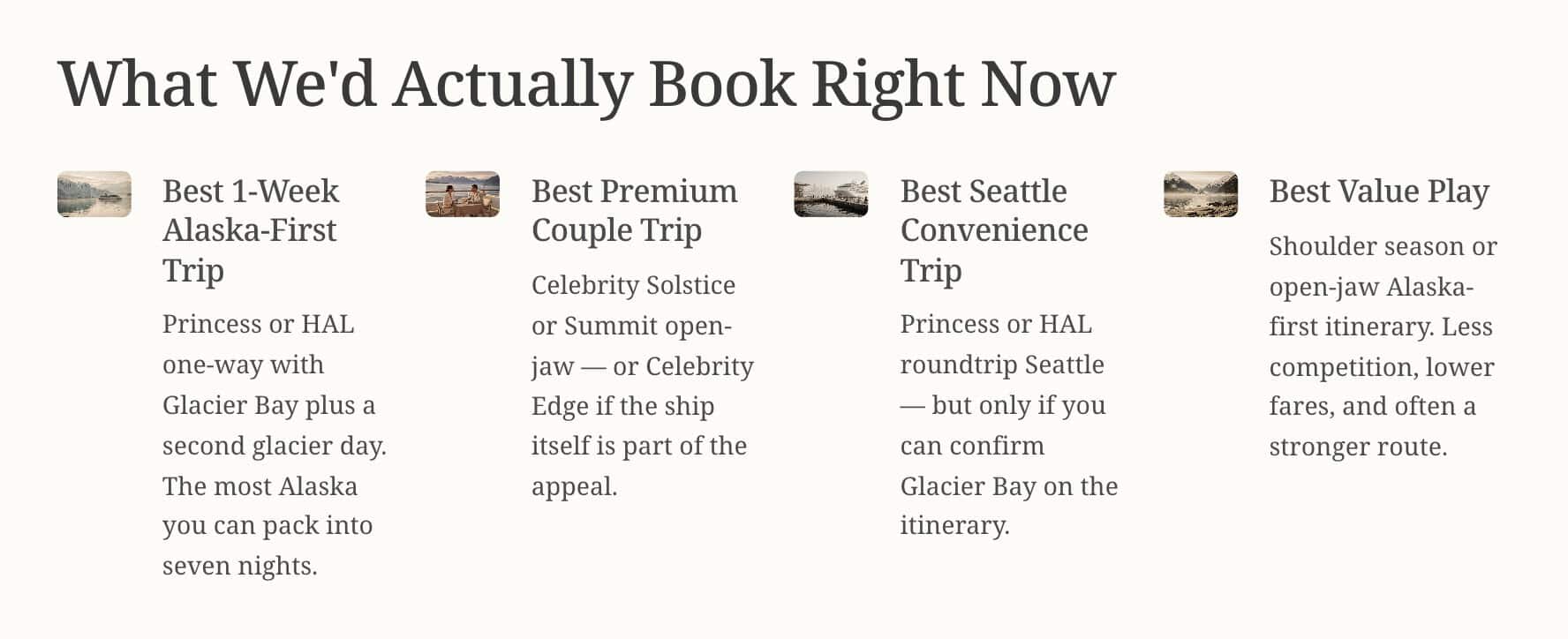 Infographic showing Alaska trip starting points: best 1-week Alaska-first trip, best premium couple trip, best Seattle convenience trip, and best value play shoulder season open-jaw itinerary-first