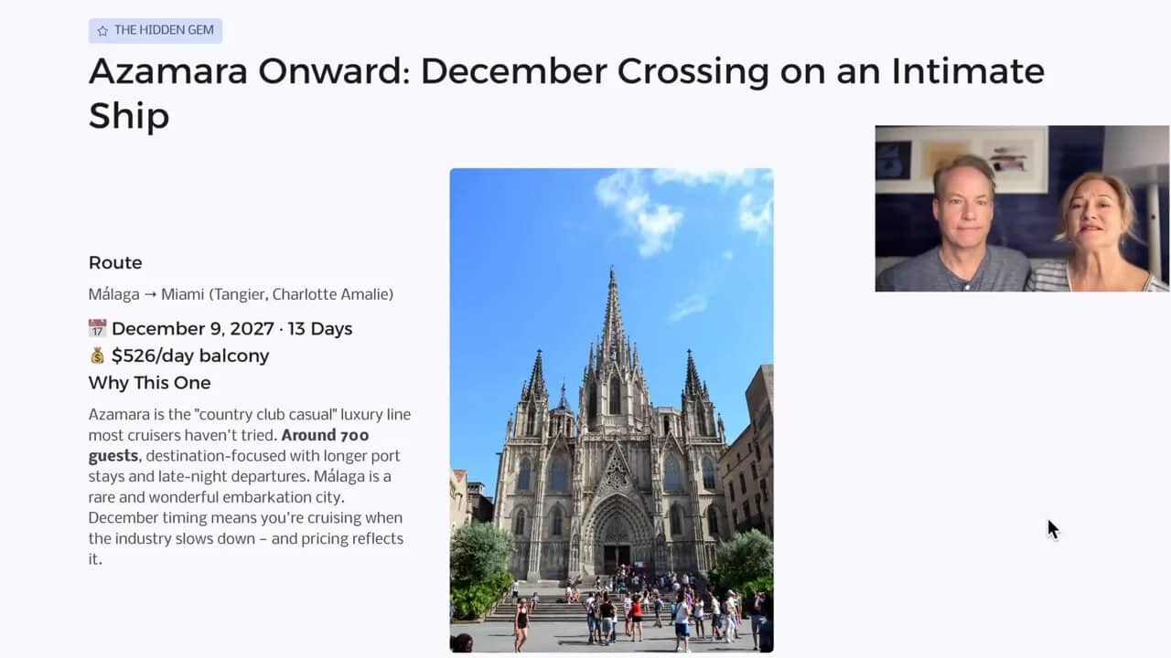 Azamara Onward December crossing overview slide showing route and $526 per day balcony pricing