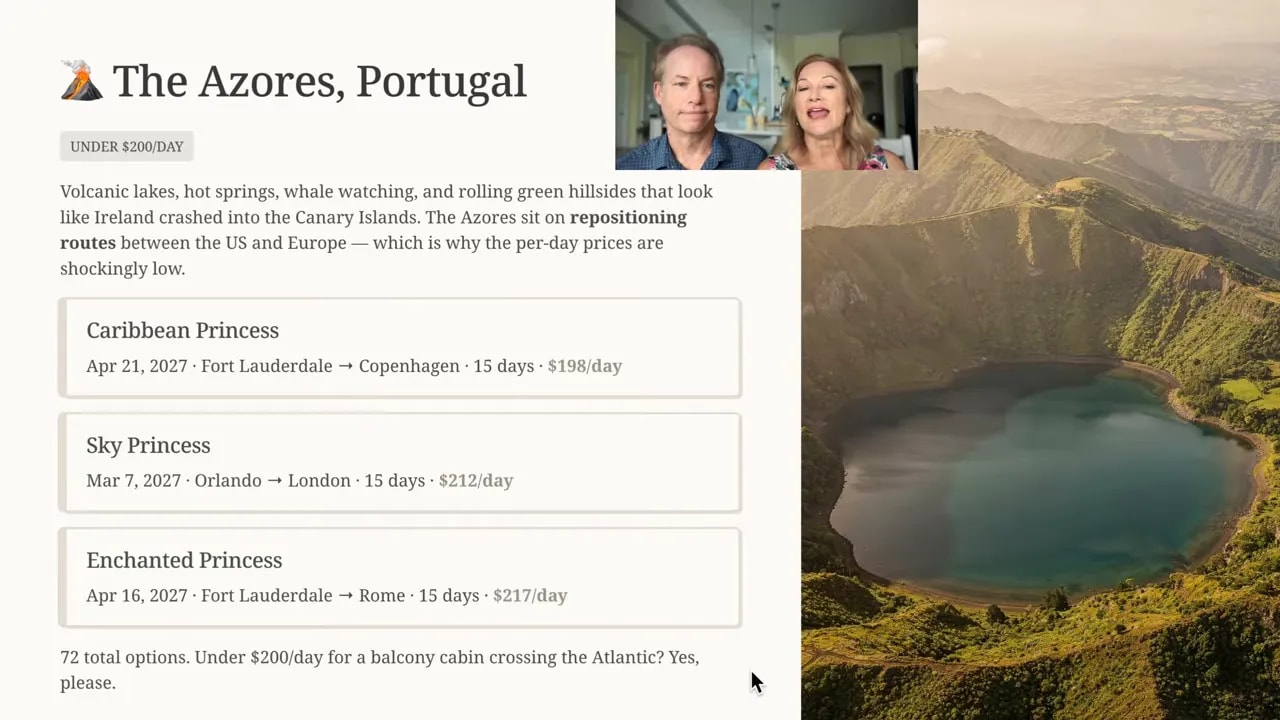 Screenshot titled “The Azores, Portugal” showing under-$200 per day repositioning cruise options and example itineraries