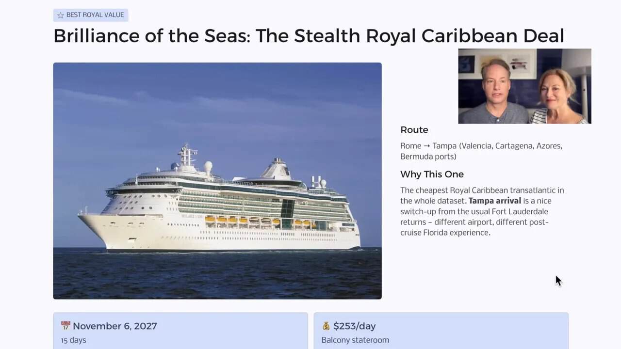Royal Caribbean Brilliance of the Seas deal card for Rome to Tampa via Valencia, Cartagena, Azores and Bermuda at $253 per day