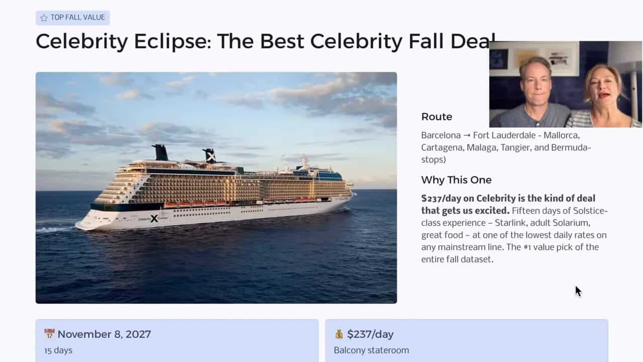 Celebrity Eclipse fall transatlantic cruise deal with route and pricing at $237 per day