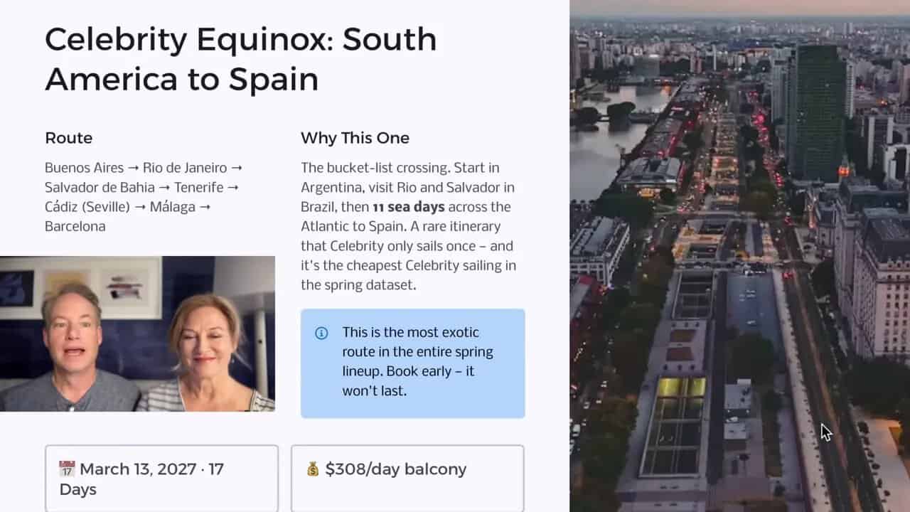 Screenshot slide for Celebrity Equinox South America to Spain cruise deal showing route, duration, and balcony price per day