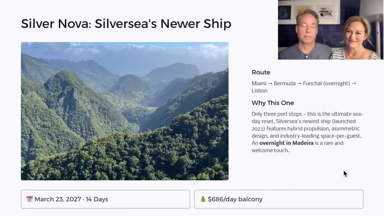 Silversea Silver Nova cruise itinerary Miami to Lisbon with Bermuda and Madeira overnight balcony price
