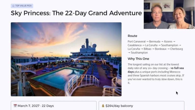 Sky Princess 22-day grand adventure transatlantic itinerary with route details and $264/day balcony pricing