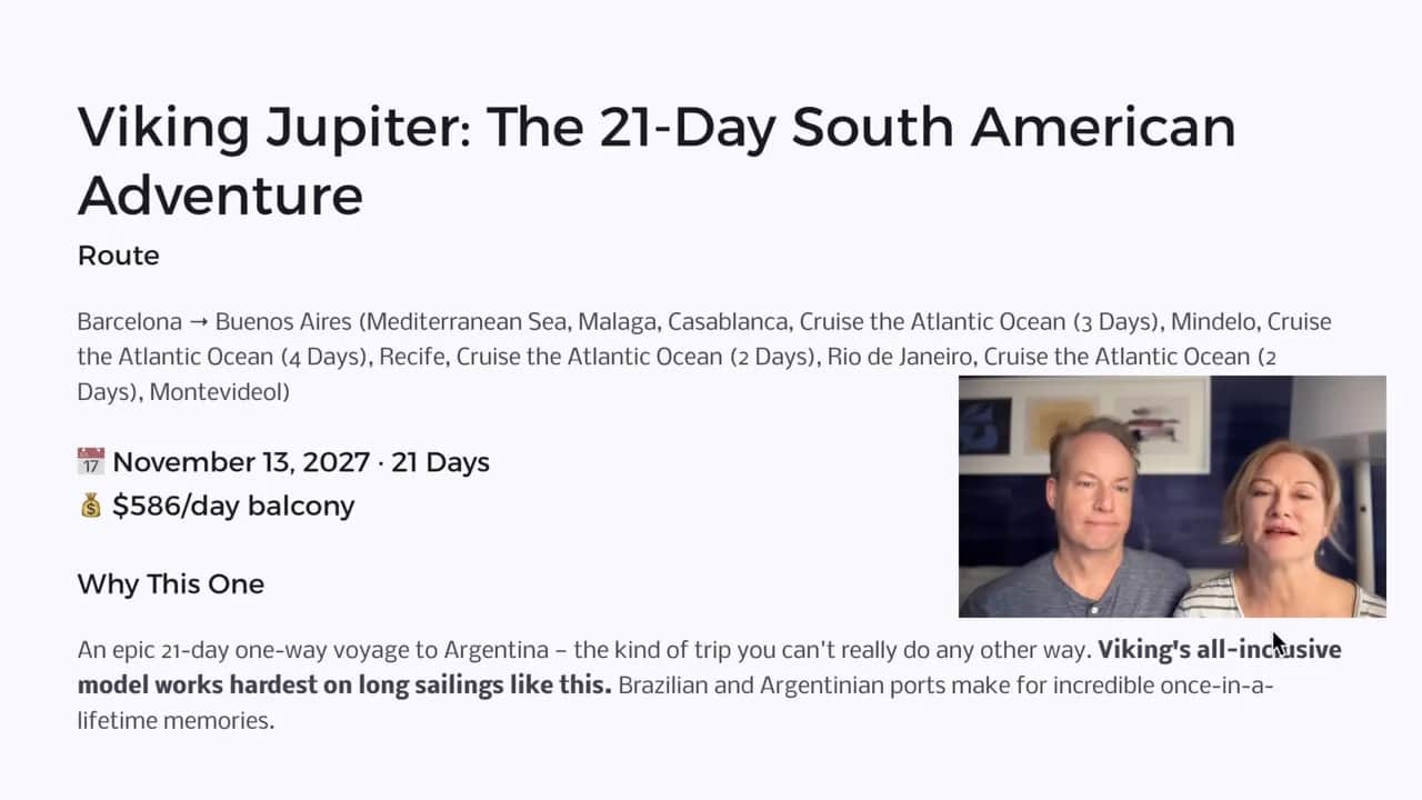 Viking Jupiter 21-day one-way voyage to Argentina Barcelona to Buenos Aires priced at $586/day balcony