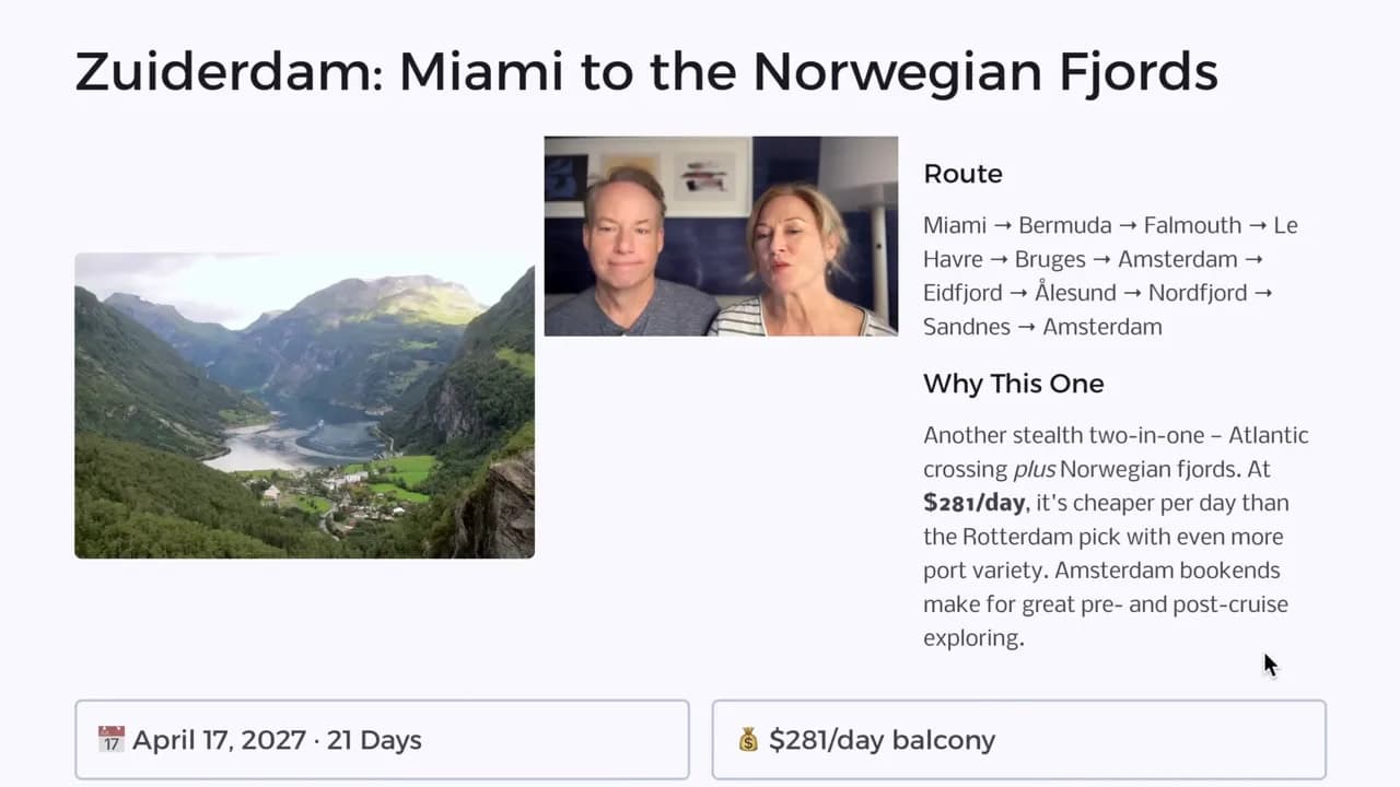 Zuiderdam Miami to Norwegian fjords cruise route and pricing slide showing $281/day balcony